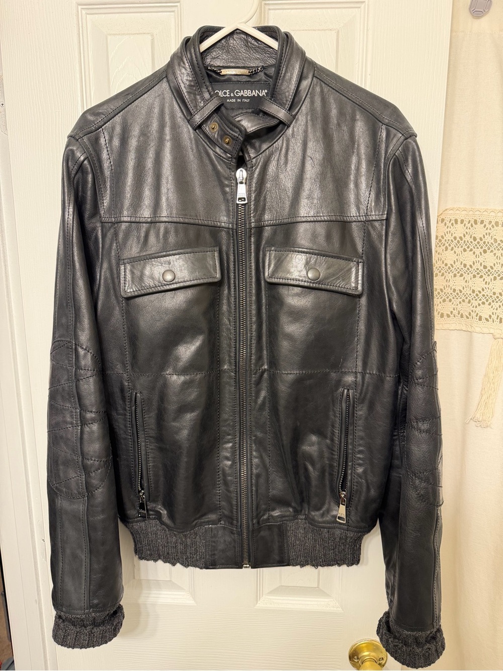 Dolce & Gabbana Black Leather Bomber Jacket with Ribbed Hem
